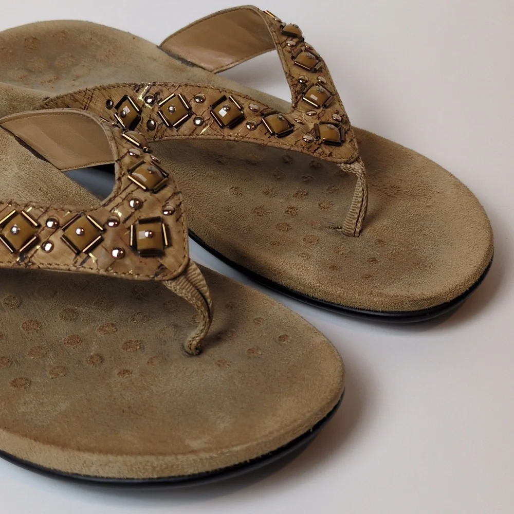 Vionic Floriana Tan Cork Embellished Suede Thong Flip Flop Sandals Women's 9